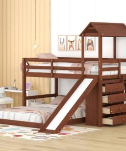 Euroco Twin Over Full House Bunk Bed with Slide and Functional Cabinet, Moveable Lower Full Bed for Kids Teens Adults, Storeage Shelf and 4 Big