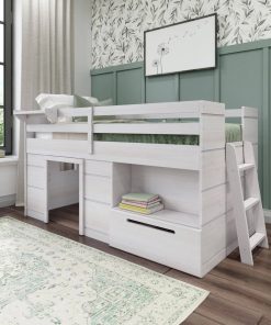 Max & Lily Modern Farmhouse Low Loft Bed, Twin Bed Frame for Kids with 1 Drawer, White Wash