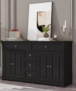 59.1''Sideboard Buffet White Mid-Century Modern Contemporary Lacquered - Black