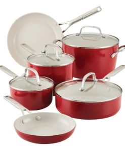 KitchenAid Hard-Anodized Ceramic Nonstick 10-Piece Cookware Set, Empire Red